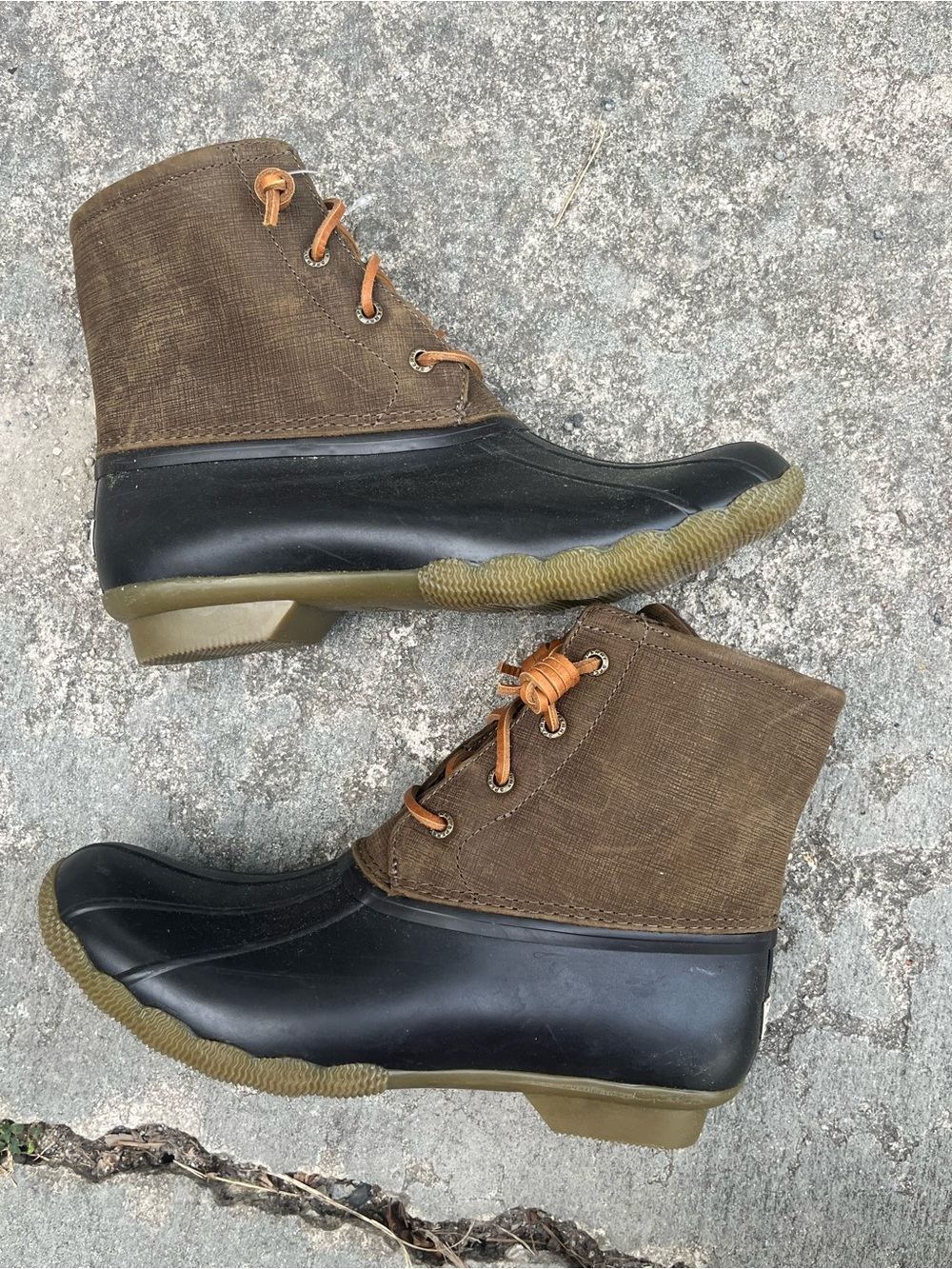 Sperry Brown Canvas + Black Rubber Duck Boots women’s size 9